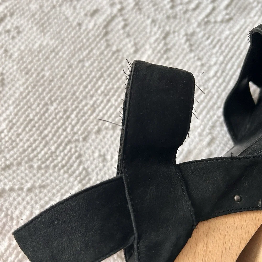 Eileen Fisher Black Suede Wood Platform Cutout Wedge Studded Sandals Size 7‎